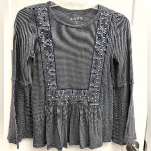 LOFT embroidered striped long sleeve shirt bell sleeves Small